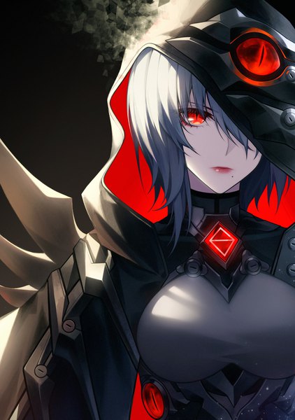 Anime picture 1500x2130 with honkai impact 3rd honkai (series) raven (honkai impact 3rd) red-d single tall image fringe short hair red eyes blue hair upper body hair over one eye mole lipstick black background slit pupils mole under mouth girl hood