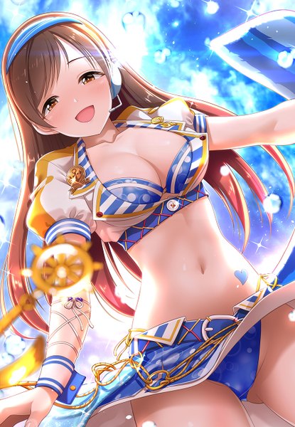 Anime picture 900x1300 with idolmaster idolmaster cinderella girls idolmaster cinderella girls starlight stage nitta minami kazu single long hair tall image looking at viewer blush fringe breasts open mouth light erotic smile brown hair large breasts standing brown eyes payot