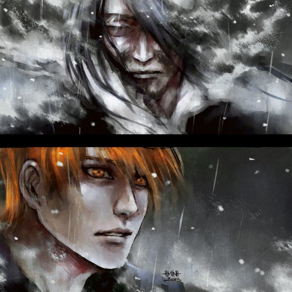 Anime picture 1500x1500 with bleach studio pierrot kurosaki ichigo zangetsu nanfe short hair black hair signed orange hair orange eyes face multiview boy