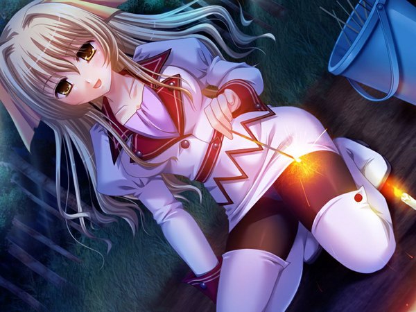 Anime picture 1024x768 with delta! - onedari tenshi to hitotsu yane no shita long hair light erotic blonde hair yellow eyes game cg pantyshot sitting girl