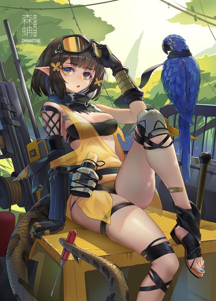 Anime picture 1290x1800 with arknights eunectes (arknights) sima naoteng single tall image looking at viewer fringe short hair breasts open mouth blue eyes light erotic black hair sitting bare shoulders holding signed yellow eyes payot cleavage