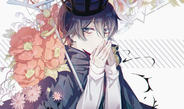 Anime picture 1500x885 with vocaloid nico nico singer soraru kanose single looking at viewer fringe short hair black hair hair between eyes wide image black eyes covered mouth fingers together boy flower (flowers)