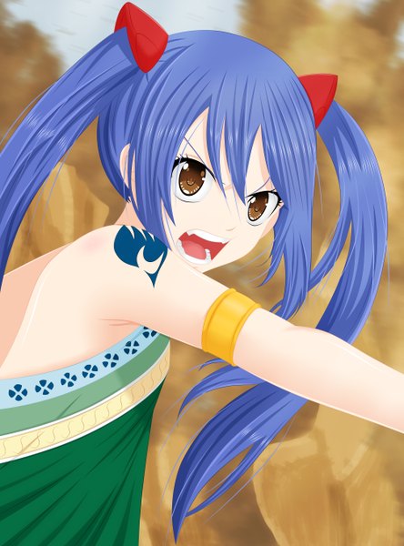 Anime picture 4000x5400 with fairy tail wendy marvell osama00 single long hair tall image highres open mouth twintails brown eyes blue hair absurdres loli tattoo coloring angry girl dress bracelet fist