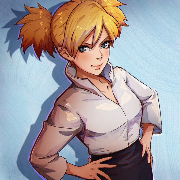 Anime picture 900x900 with naruto studio pierrot naruto (series) temari (naruto) magion02 single looking at viewer fringe short hair blonde hair simple background smile hair between eyes twintails green eyes upper body realistic shadow blue background hands on hips