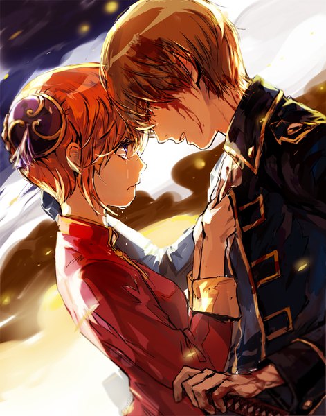 Anime picture 792x1008 with gintama sunrise (studio) kagura (gintama) okita sougo zzyzzyy long hair tall image short hair open mouth blonde hair red eyes purple eyes payot traditional clothes orange hair hair bun (hair buns) couple tears chinese clothes crying