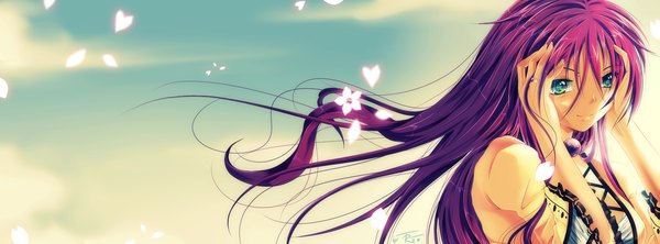 Anime picture 2701x1000 with original shinaishadow single long hair highres smile wide image sky purple hair cloud (clouds) aqua eyes sunlight girl petals ring