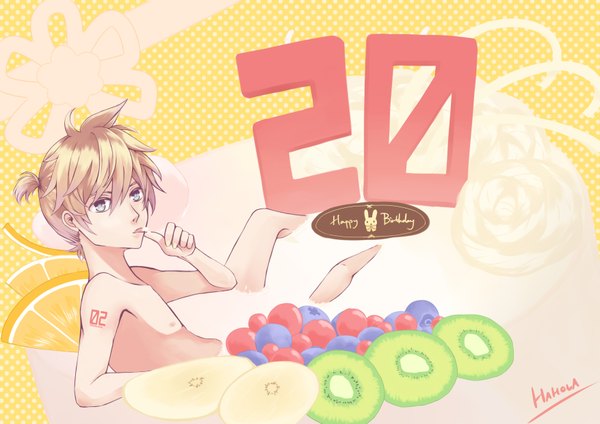 Anime picture 3507x2480 with vocaloid kagamine len hahola single looking at viewer fringe highres short hair blonde hair bare shoulders absurdres ponytail nail polish looking back aqua eyes nude tattoo finger to mouth polka dot yellow background