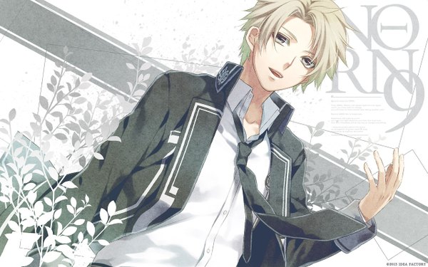 Anime picture 1280x800 with norn9 (game) idea factory kakeru yuiga iza (artist) single highres short hair open mouth blonde hair looking away official art grey eyes wallpaper text open collar english boy uniform plant (plants) school uniform