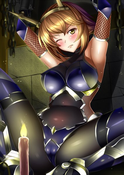 Anime picture 723x1023 with kantai collection mutsu battleship shibata rai single tall image looking at viewer blush short hair breasts light erotic brown hair brown eyes one eye closed girl hair ornament bodysuit candle (candles)