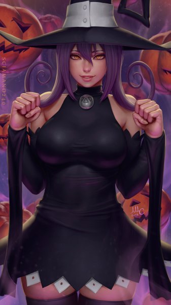 Anime picture 1407x2500 with soul eater studio bones blair sciamano240 single long hair tall image looking at viewer blush fringe breasts simple background smile hair between eyes large breasts standing bare shoulders signed payot purple hair