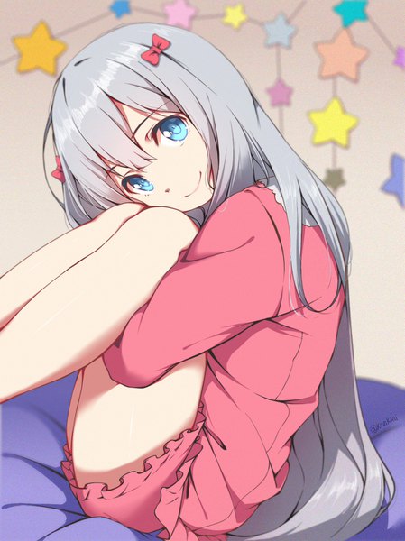 Anime picture 1153x1540 with eromanga sensei a-1 pictures izumi sagiri qingchen single long hair tall image looking at viewer fringe blue eyes smile hair between eyes sitting signed silver hair bent knee (knees) head tilt bare legs loli twitter username