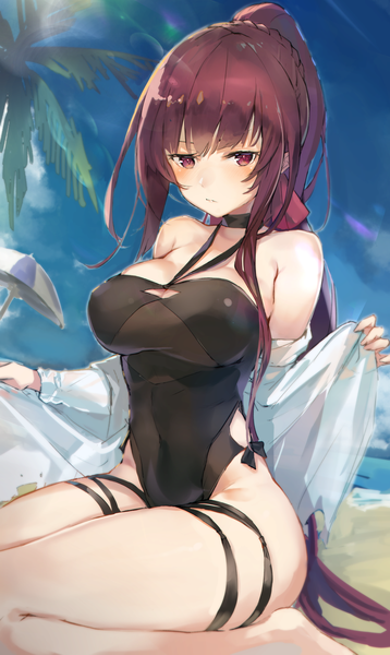 Anime picture 1092x1826 with girls frontline wa2000 (girls frontline) cruel gz single long hair tall image looking at viewer blush fringe breasts light erotic hair between eyes large breasts sitting purple eyes bare shoulders payot sky purple hair cloud (clouds)