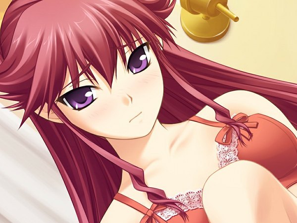 Anime picture 1024x768 with kimi ga aruji de shitsuji ga ore de benisu light erotic purple eyes game cg red hair girl