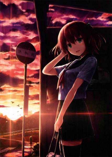 Anime picture 4278x5997 with original suien single tall image looking at viewer fringe highres short hair open mouth hair between eyes twintails green eyes absurdres cloud (clouds) red hair scan zettai ryouiki adjusting hair evening short twintails