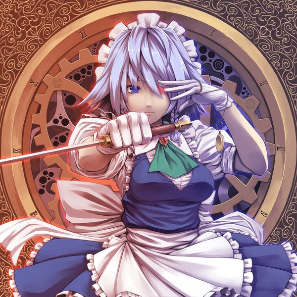 Anime picture 2000x2000 with touhou izayoi sakuya tro single highres short hair blue eyes blue hair braid (braids) maid twin braids glowing glowing eye (eyes) girl dress gloves weapon clock pocket watch dagger