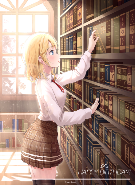 Anime picture 2574x3515 with virtual youtuber hololive hololive english watson amelia harukix single tall image highres short hair blue eyes blonde hair signed indoors profile pleated skirt twitter username lens flare happy birthday girl thighhighs