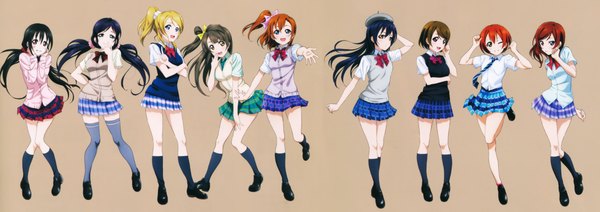 イラスト 9043x3205 と ラブライブ! サンライズ love live! 西木野真姫 矢澤にこ 東條希 南ことり 絢瀬絵里 園田海未 高坂穂乃果 星空凛 小泉花陽 長髪 highres 短い髪 開いた口 青い目 黒髪 simple background 金髪