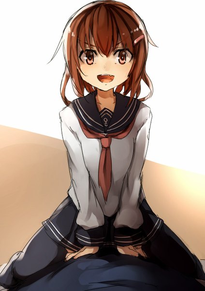 Anime picture 990x1400 with kantai collection ikazuchi destroyer kyouya (mukuro238) long hair tall image looking at viewer blush open mouth brown hair sitting brown eyes teeth fang (fangs) sitting on person girl thighhighs skirt hair ornament black thighhighs miniskirt