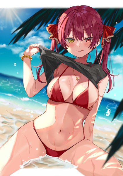 Anime picture 1750x2500 with virtual youtuber hololive houshou marine satoupote single long hair tall image looking at viewer blush fringe highres breasts light erotic hair between eyes red eyes large breasts sitting twintails yellow eyes payot