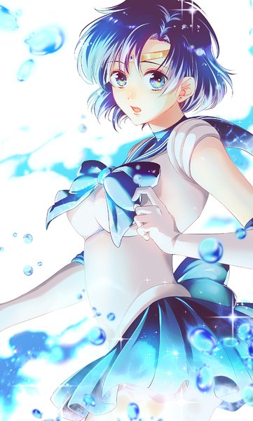 Anime picture 691x1146 with bishoujo senshi sailor moon toei animation mizuno ami sailor mercury rera (12169432) single tall image looking at viewer short hair open mouth blue eyes blue hair sparkle sailor collar magical girl girl gloves earrings choker elbow gloves