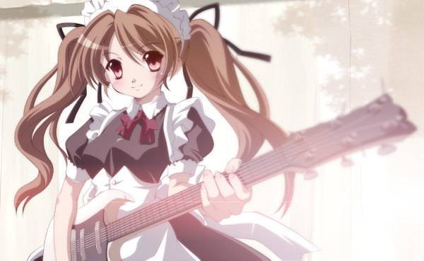 Anime picture 1280x789 with original izumi bell single long hair blush smile red eyes brown hair wide image twintails maid girl headdress maid headdress guitar