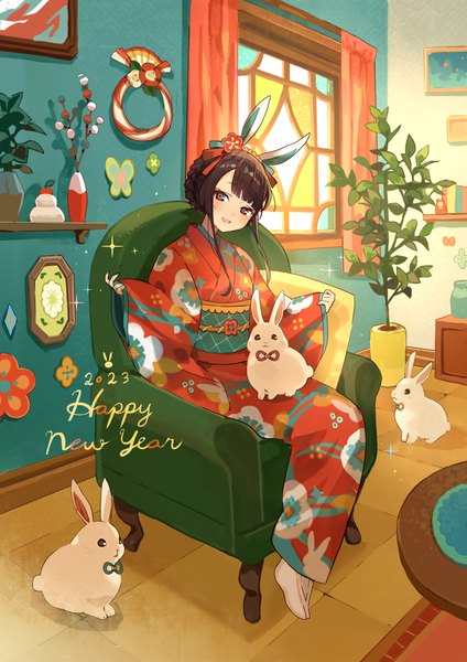 Anime-Bild 707x1000 mit original tobi (kotetsu) single long hair tall image looking at viewer fringe open mouth brown hair animal ears indoors blunt bangs traditional clothes :d japanese clothes bunny ears no shoes new year multicolored eyes happy new year