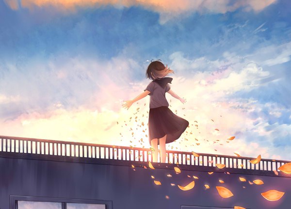 Anime picture 1780x1280 with original utakata (s sw) single highres short hair brown hair standing sky cloud (clouds) pleated skirt wind from behind spread arms girl skirt petals window building (buildings) long skirt roof