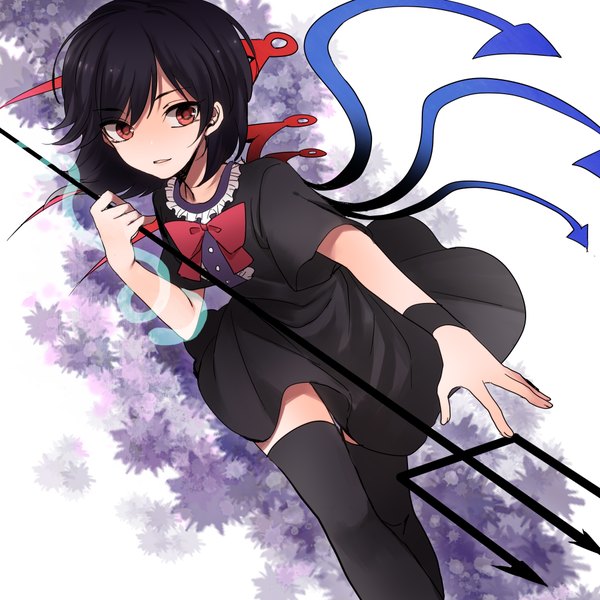 Anime picture 2000x2000 with touhou houjuu nue 74 (teduka) single highres short hair black hair red eyes girl thighhighs dress black thighhighs wings bowtie snake trident
