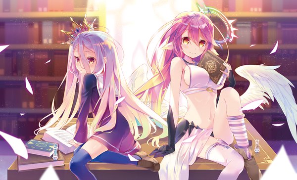 Anime picture 1000x608 with no game no life madhouse shiro (no game no life) jibril (no game no life) fuchima long hair looking at viewer blush fringe breasts light erotic smile hair between eyes wide image large breasts sitting multiple girls holding payot pink hair