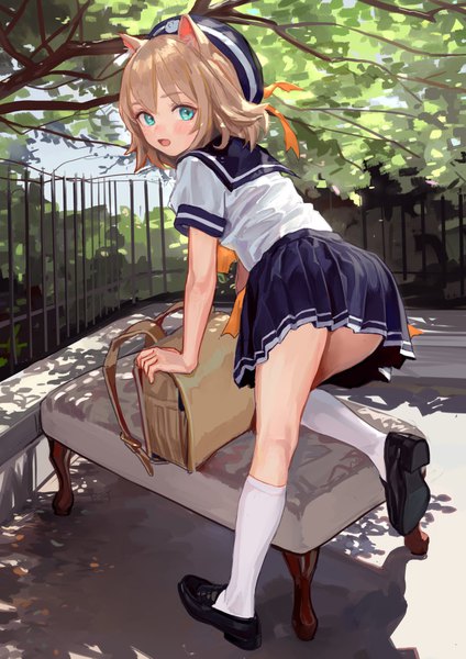 Anime picture 1300x1839 with original fkey single tall image looking at viewer blush fringe short hair open mouth light erotic hair between eyes brown hair signed animal ears sky full body outdoors pleated skirt looking back aqua eyes