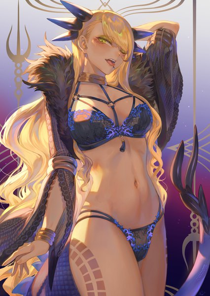 Anime picture 1470x2070 with fate (series) fate/grand order vritra (fate) mashuu (neko no oyashiro) single long hair tall image looking at viewer fringe breasts open mouth light erotic simple background blonde hair large breasts yellow eyes tail arm up horn (horns) teeth