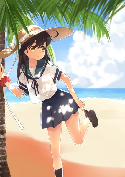 Anime picture 1414x2000 with kantai collection ushio destroyer transistor (poppy) single long hair tall image black hair yellow eyes sky cloud (clouds) girl plant (plants) hat tree (trees) socks black socks sailor suit palm tree straw hat