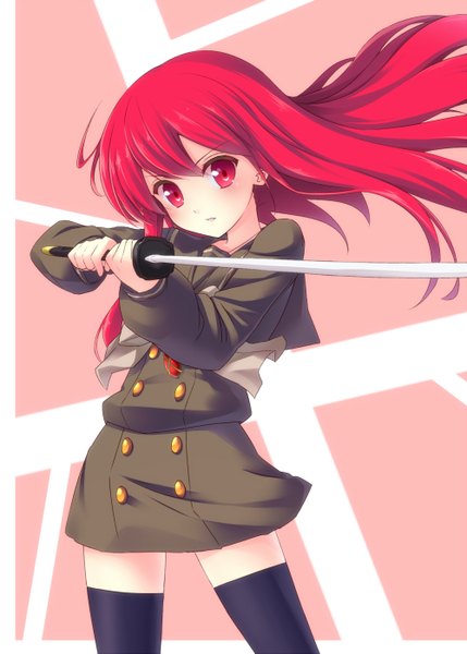 Anime picture 1000x1399 with shakugan no shana j.c. staff shana koge niku (kogeniku-203812) single long hair tall image looking at viewer blush fringe red eyes holding red hair zettai ryouiki girl weapon sword katana