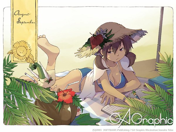 Anime picture 1024x768 with gagraphic tobe sunaho looking at viewer fringe hair between eyes brown hair purple eyes multiple girls signed bent knee (knees) lying copyright name beach on stomach minigirl 2003 girl flower (flowers) 2 girls swimsuit