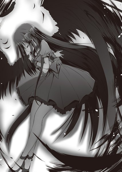 Anime picture 1135x1600 with seirei tsukai no blade dance restia ashdoll nimura yuuji single tall image fringe black hair simple background hair between eyes white background full body eyes closed very long hair profile official art leaning leaning forward puffy sleeves crossed legs monochrome