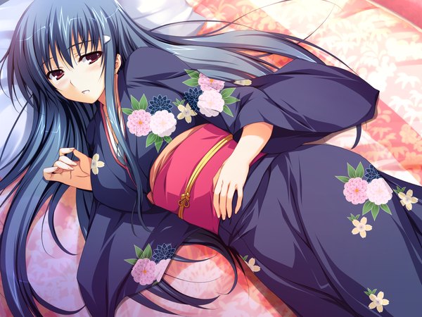 Anime picture 1600x1200 with akatsuki no goei kanzaki moe tomose shunsaku single long hair blush red eyes blue hair game cg lying traditional clothes japanese clothes girl kimono obi