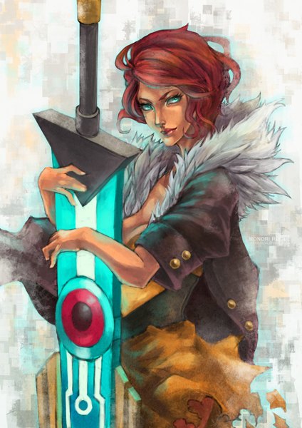 Anime picture 2480x3508 with transistor (game) red (transistor) monori rogue single tall image fringe highres short hair breasts blue eyes looking away red hair lips glowing glowing eye (eyes) girl weapon sword jacket fur