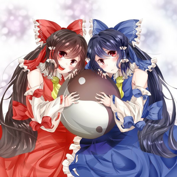 Anime picture 1000x1000 with touhou hakurei reimu rukito long hair looking at viewer blush open mouth black hair red eyes multiple girls alternate costume alternate color girl bow 2 girls hair bow detached sleeves