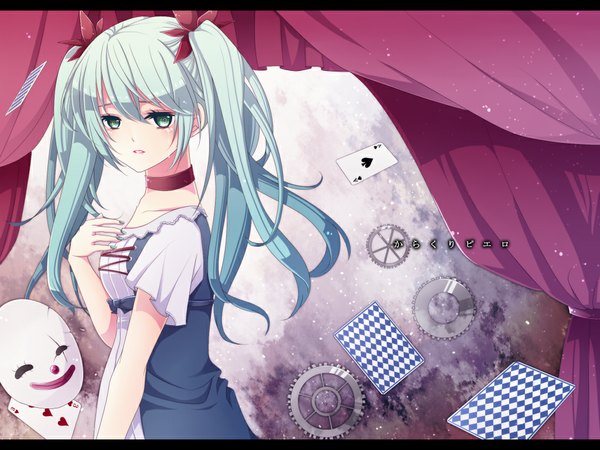 Anime picture 1024x768 with vocaloid karakuri pierrot (vocaloid) hatsune miku single long hair twintails green eyes nail polish aqua hair tears girl curtains mask collar card (cards) gears