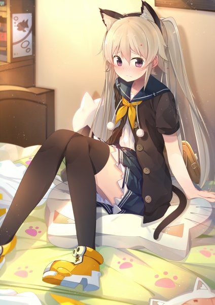 Anime picture 849x1200 with ao no kanata no four rhythm sprite (company) arisaka mashiro benio (dontsugel) single long hair tall image looking at viewer blush purple eyes animal ears tail animal tail grey hair cat ears cat tail fake animal ears girl thighhighs skirt