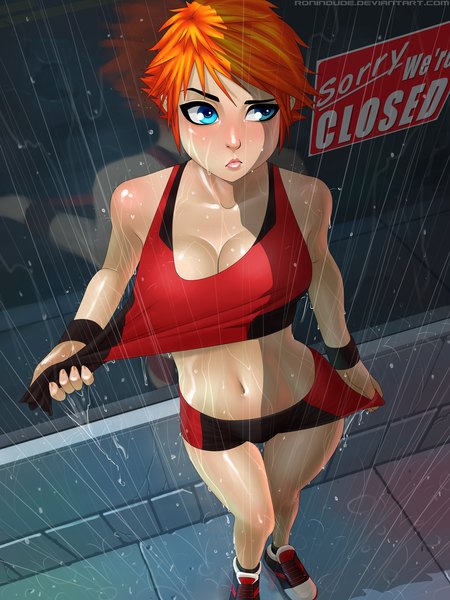 Anime picture 3000x4000 with original ronin dude (ray cornwell) single tall image blush highres short hair breasts blue eyes light erotic looking away lips orange hair bare belly midriff legs rain girl navel uniform