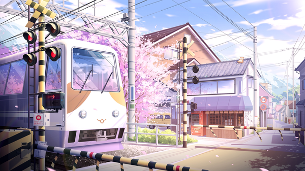 Anime picture 1920x1080 with original ya-kii highres wide image sky cloud (clouds) outdoors sunlight shadow wallpaper cherry blossoms city reflection cityscape mountain no people spring petals building (buildings) ground vehicle