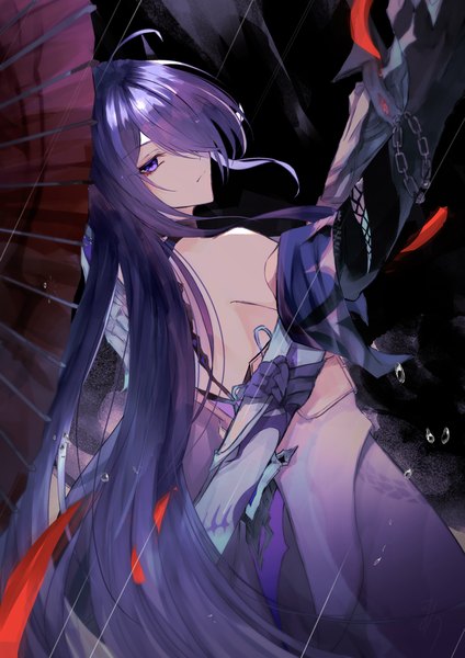 Anime picture 2894x4093 with honkai: star rail honkai (series) acheron (honkai: star rail) koyochi (koyochi0716) single long hair tall image looking at viewer fringe highres breasts simple background standing purple eyes bare shoulders purple hair ahoge hair over one eye turning head back