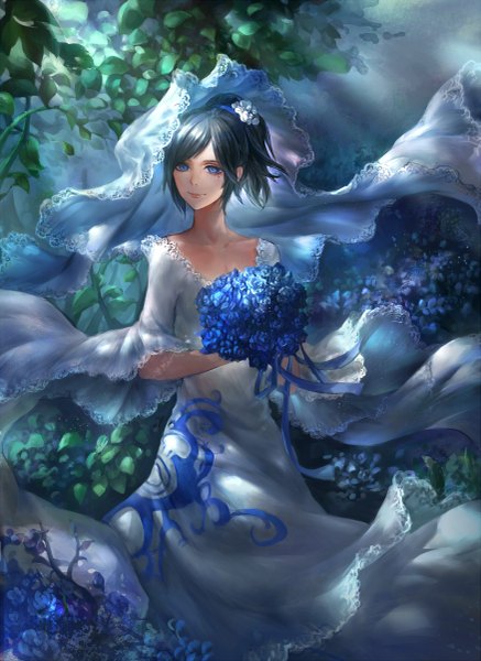 Anime picture 875x1200 with original noodles (artist) single tall image looking at viewer short hair blue eyes black hair smile holding outdoors ponytail hair flower wind sunlight wide sleeves girl dress hair ornament flower (flowers)