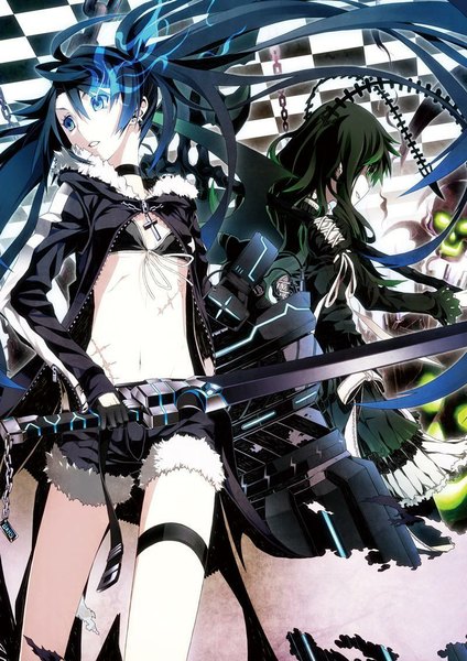 Anime picture 800x1131 with black rock shooter black rock shooter (character) dead master itsuwa (lethal-kemomimi) long hair tall image blue eyes black hair twintails multiple girls green eyes looking away very long hair bare belly glowing scar glowing eye (eyes) checkered checkered background jpeg artifacts