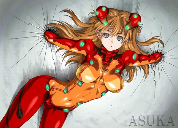 Anime picture 1112x800 with neon genesis evangelion rebuild of evangelion evangelion: 2.0 you can (not) advance gainax shikinami asuka langley joy ride single looking at viewer breasts light erotic brown hair large breasts holding nipples wind inscription grey background grey eyes character names covered navel