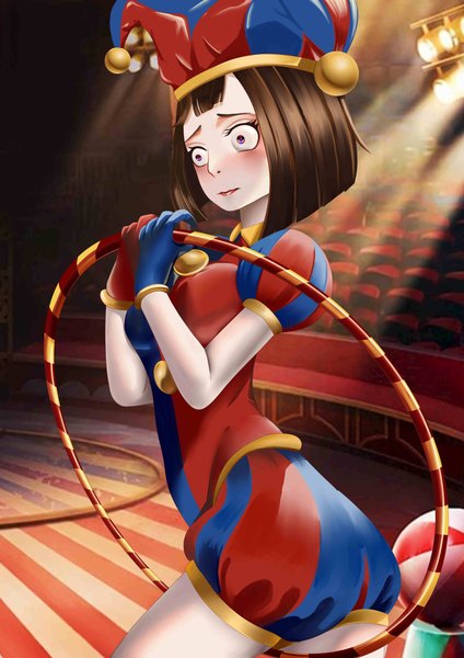 Anime picture 3508x4959 with the amazing digital circus pomni (the amazing digital circus) ronikx art single tall image blush fringe highres short hair breasts brown hair standing holding looking away absurdres short sleeves puffy sleeves light multicolored eyes clown