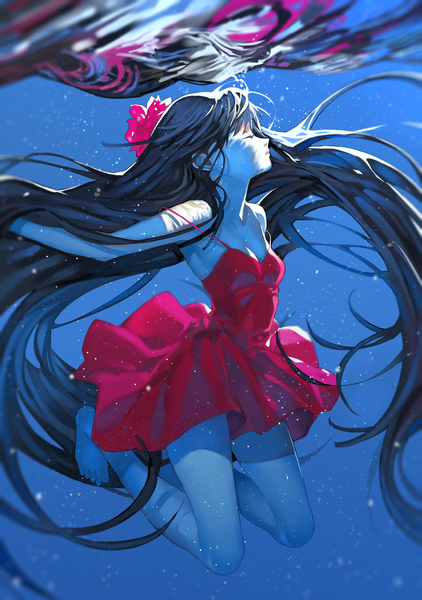 Anime picture 1529x2175 with original arutera single tall image black hair bare shoulders eyes closed very long hair profile barefoot bare legs legs underwater girl dress hair ornament
