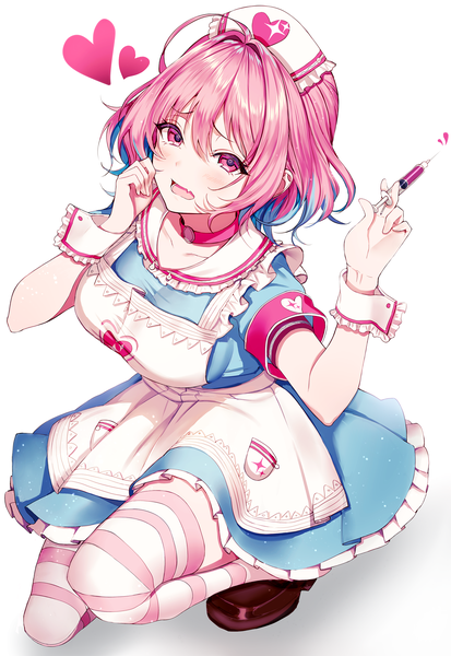 Anime picture 2067x3000 with idolmaster idolmaster cinderella girls yumemi riamu ggatip single tall image blush fringe highres short hair open mouth simple background hair between eyes white background pink hair full body ahoge pink eyes from above squat