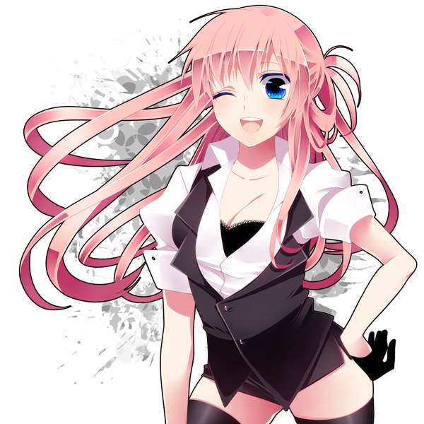 Anime picture 1440x1440 with vocaloid megurine luka lira single long hair open mouth blue eyes simple background pink hair one eye closed wink girl gloves suit